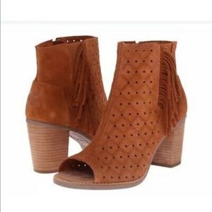 COPY - TOMS Cinnamon Suede Peep Toe Majorca Perforated Fringe Booties